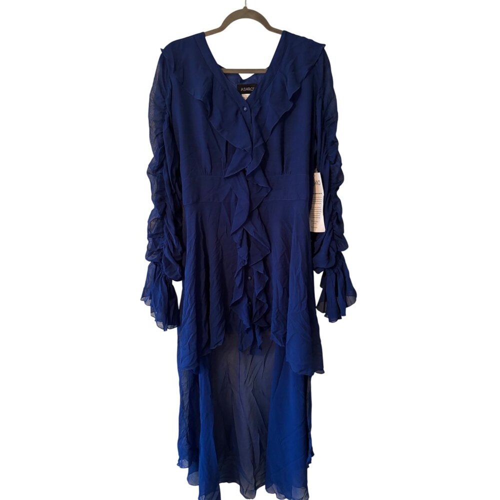 Ashro Womens Cobalt Blue Ruffled Long Sleeve Sheer Layered Dress - Picture 3 of 8